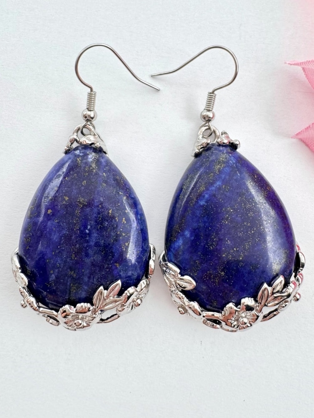 Big Blue Lapis Lazuli Teardrop Dangle Earrings Floral Cage Silver Tone 30 Grams